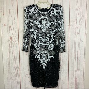 Vintage 80s Size 8 10 American Nights Glass Beaded Sequin Midi Dress Long Sleeve